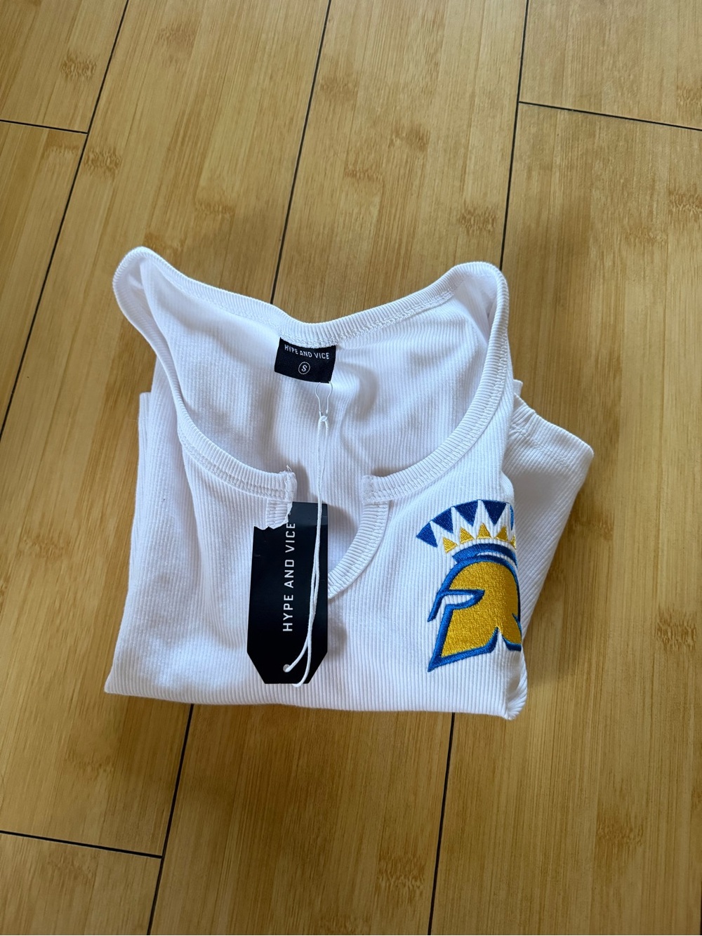 White Tank Top with Yellow & Blue Spartan Patch